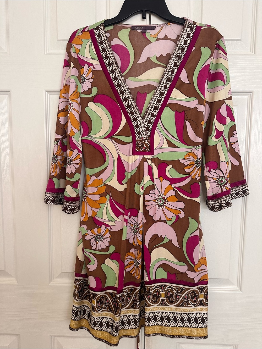 Hale Bob Matte Jersey Y2K Boho Geometric Floral V-Neck Tunic Dress- Excellent